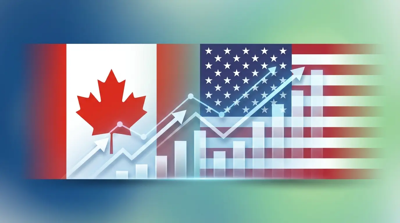 Canadian and American flags displayed side by side with a financial chart overlay