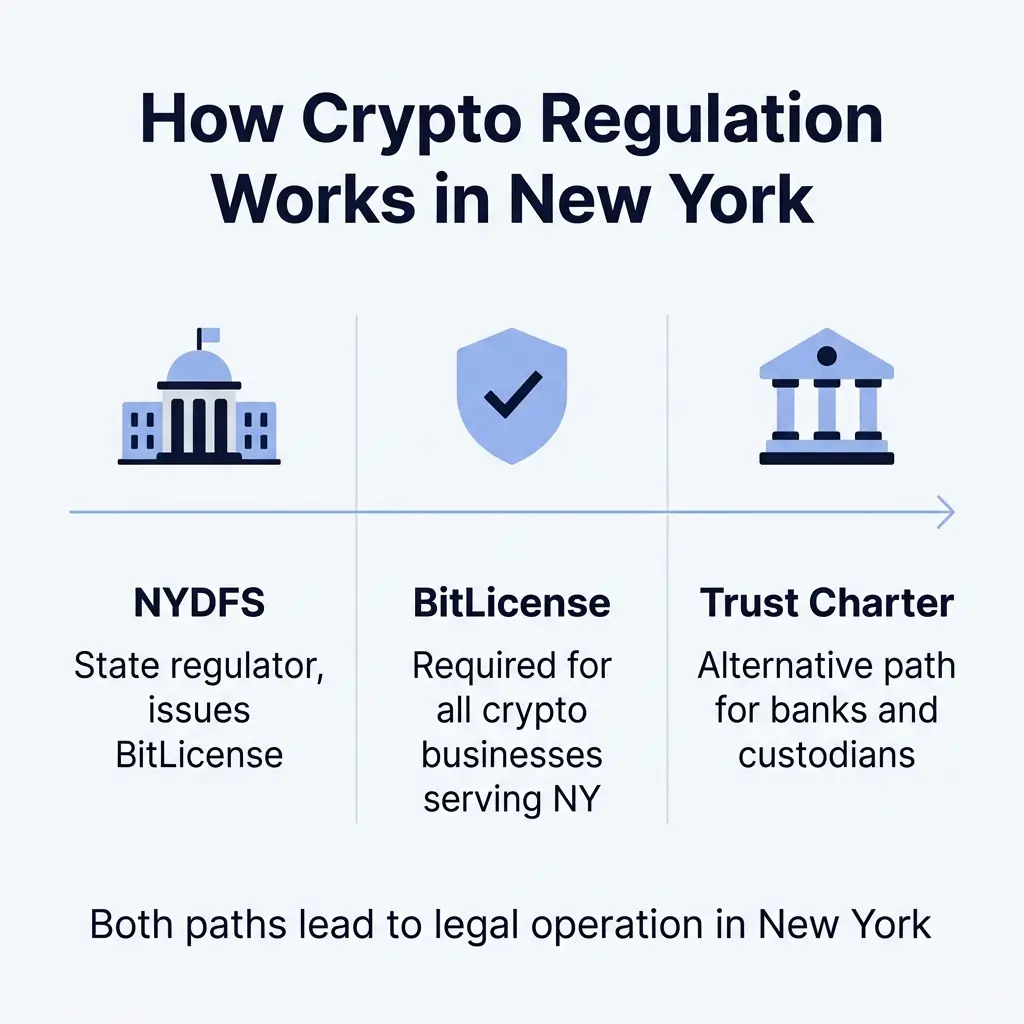  Infographic showing how NYDFS crypto regulation works in New York through BitLicense and Trust Charter pathways