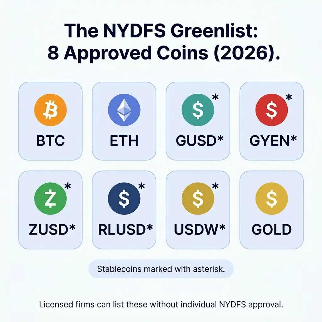 Infographic showing the 8 coins on the NYDFS Greenlist including Bitcoin, Ethereum, and six approved stablecoins