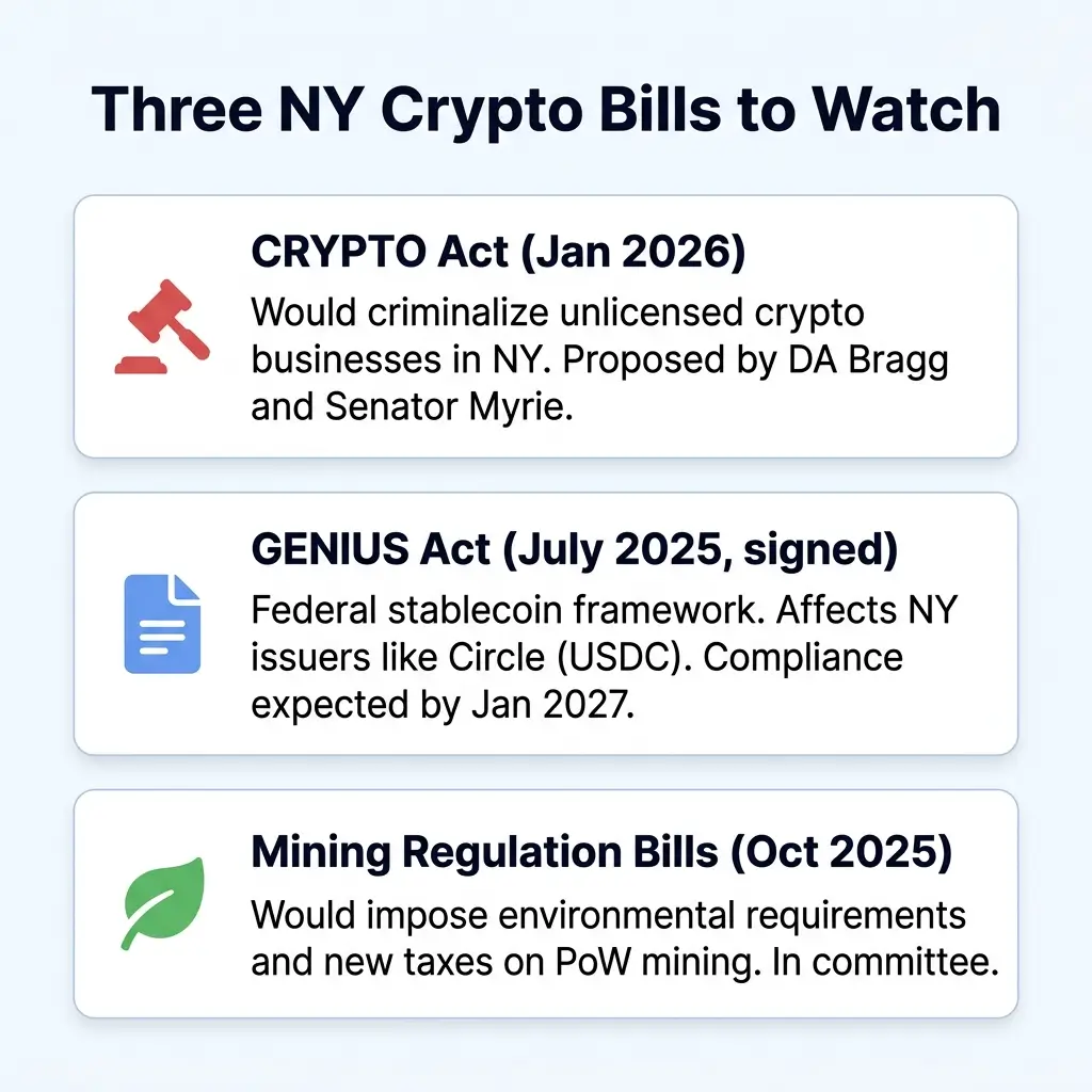  Infographic showing three crypto bills affecting New York residents including CRYPTO Act, GENIUS Act, and mining regulation