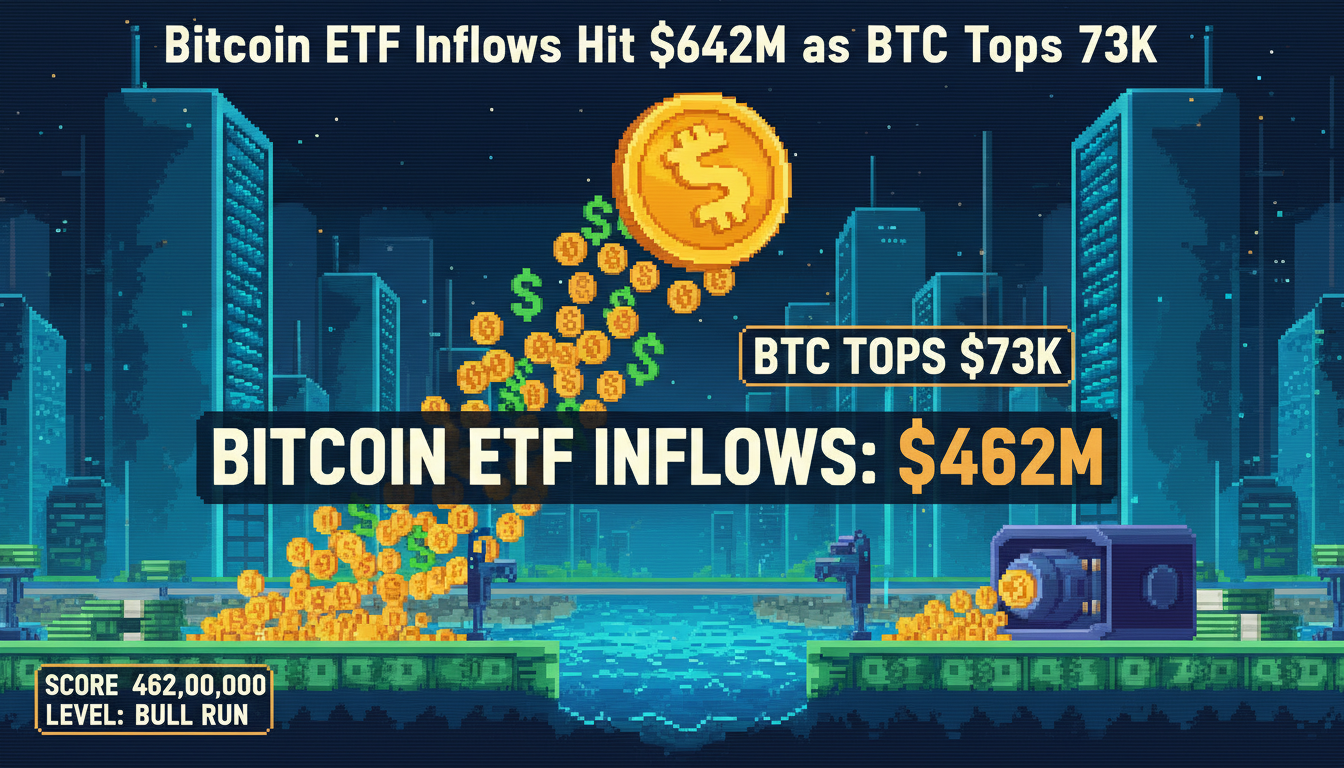 Bitcoin ETF Inflows Hit $462M as BTC Tops $73K