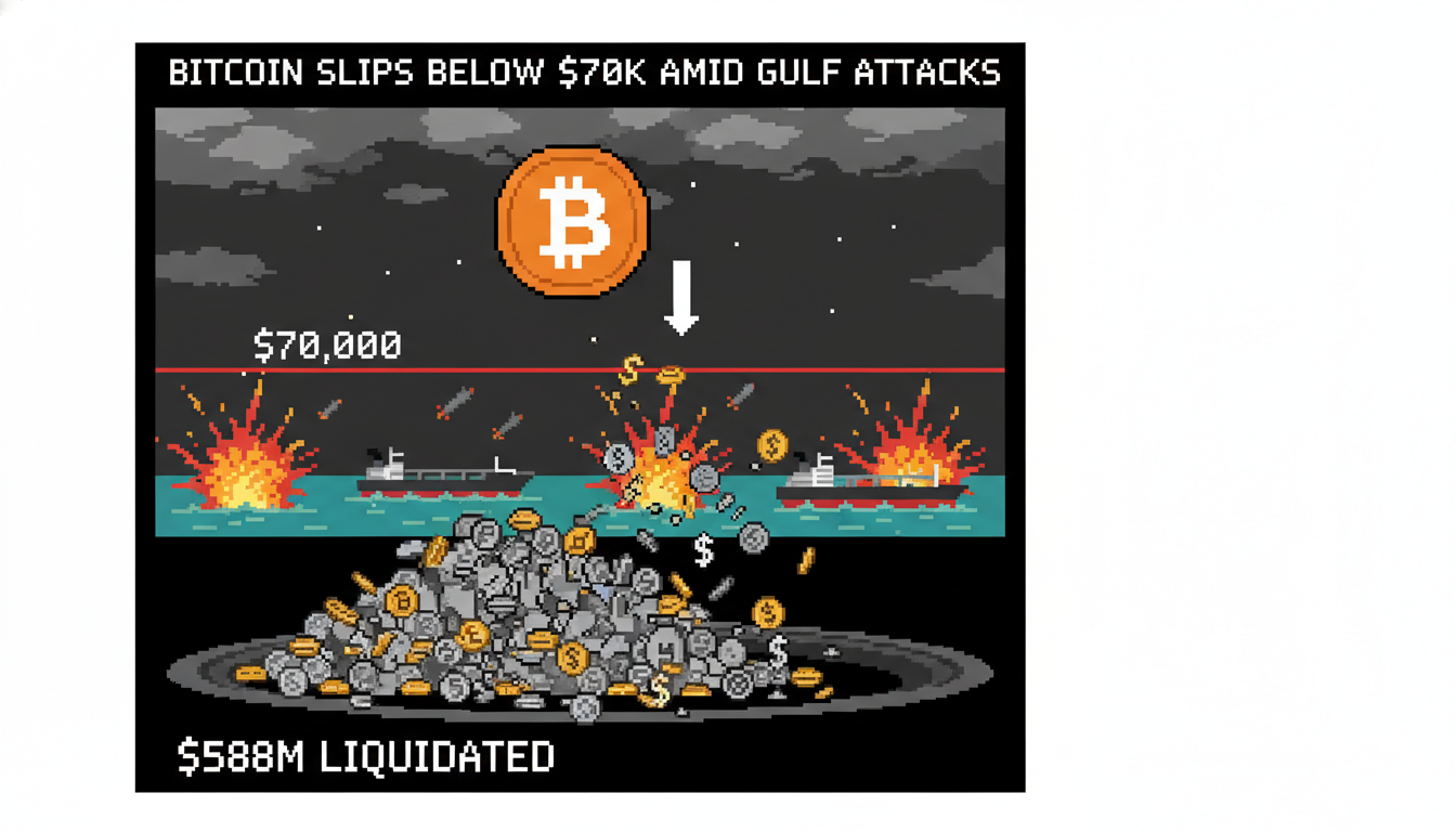 Bitcoin Slips Below $70K Amid Gulf Attacks, $588M Liquidated