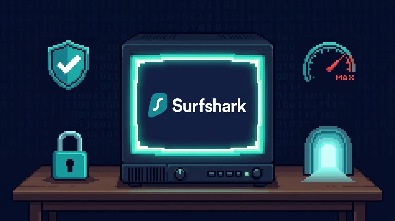 Pixel art Surfshark logo on a glowing monitor