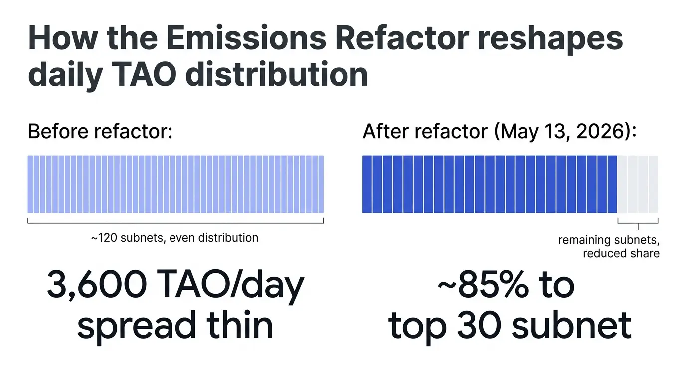 Bittensor Emissions Refactor diagram comparing daily TAO distribution before and after May 13 2026, showing concentration to roughly 30 top subnets