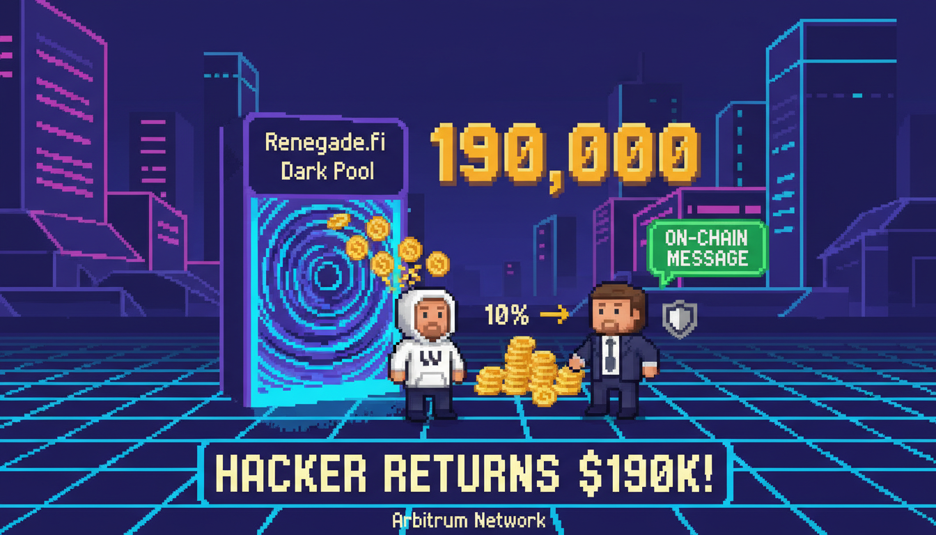 The team behind the Renegade.fi protocol confirmed that a whitehat hacker returned about $190,000 after exploiting one of its Arbitrum-based decentralized dark pools and later complying with instructions in an on-chain message to return 90% of the funds.