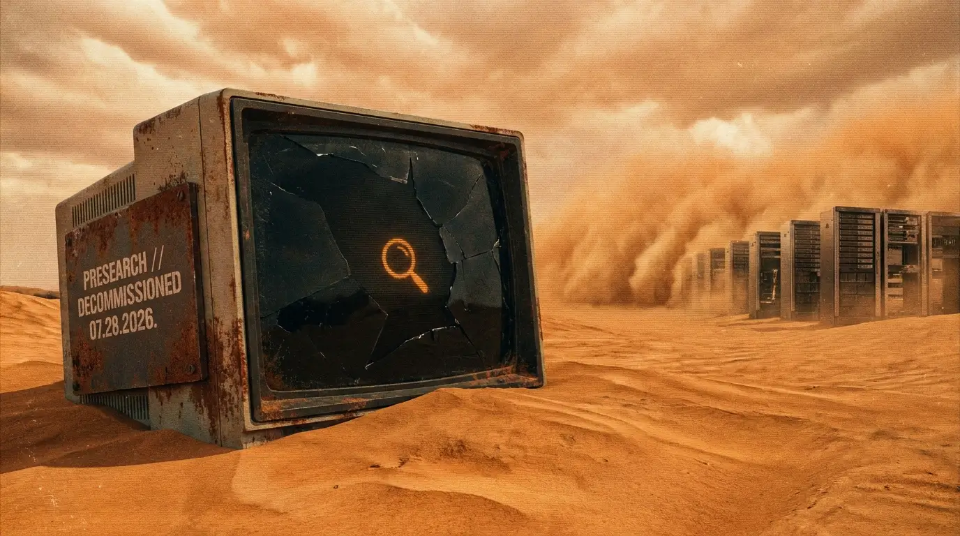 Abandoned retro CRT terminal half buried in desert sand, stencilled with Presearch decommissioned July 28 2026