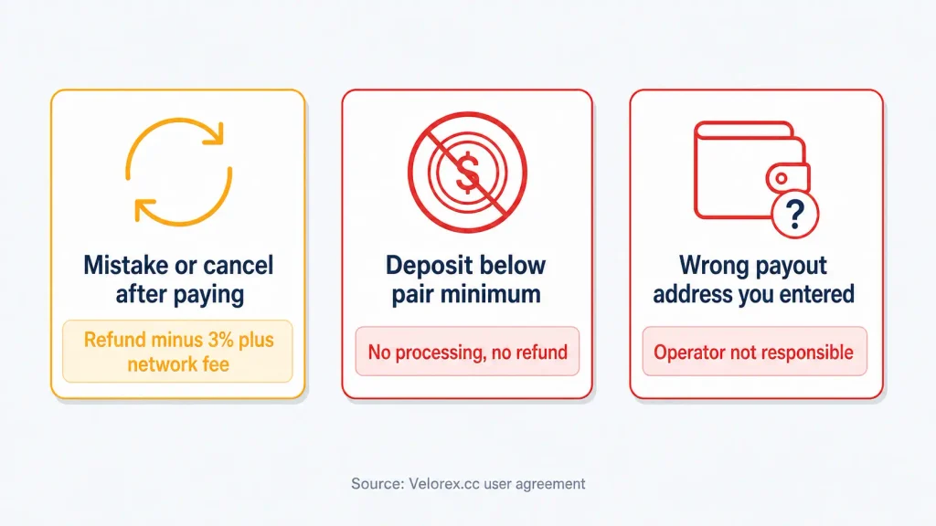 Velorex.cc refund policy with three outcomes, 3% fee, no refund below minimum, and no help for wrong addresses
