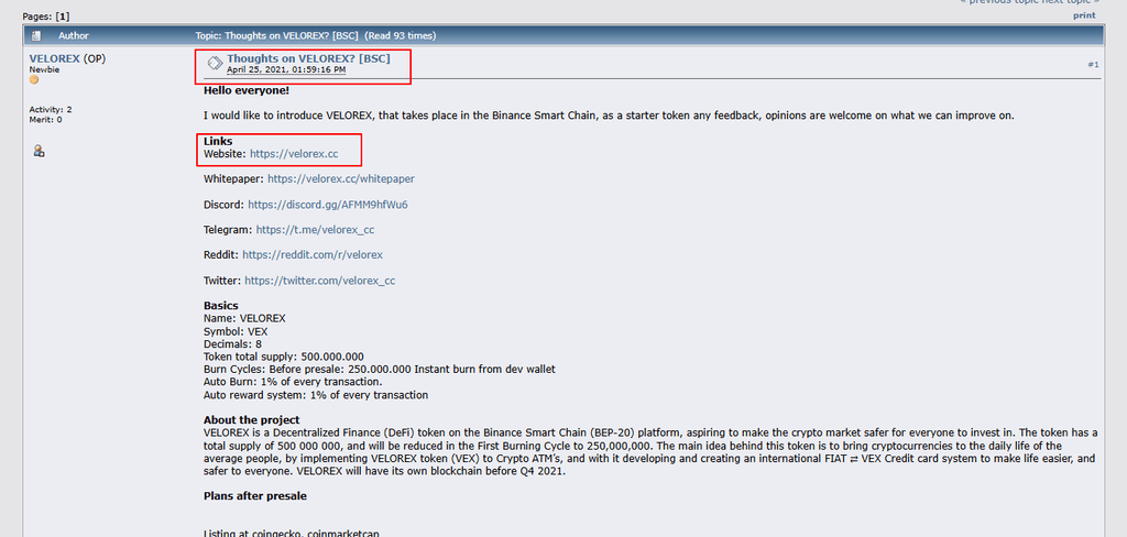 2021 Bitcointalk post for the VELOREX VEX token listing velorex.cc as its website